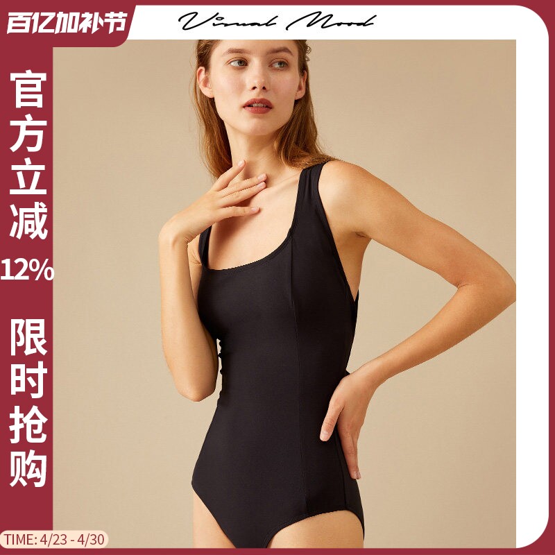 VISUAL MOOD复古泳衣女遮肚显瘦法式方领系带黑海边度假连体泳衣
