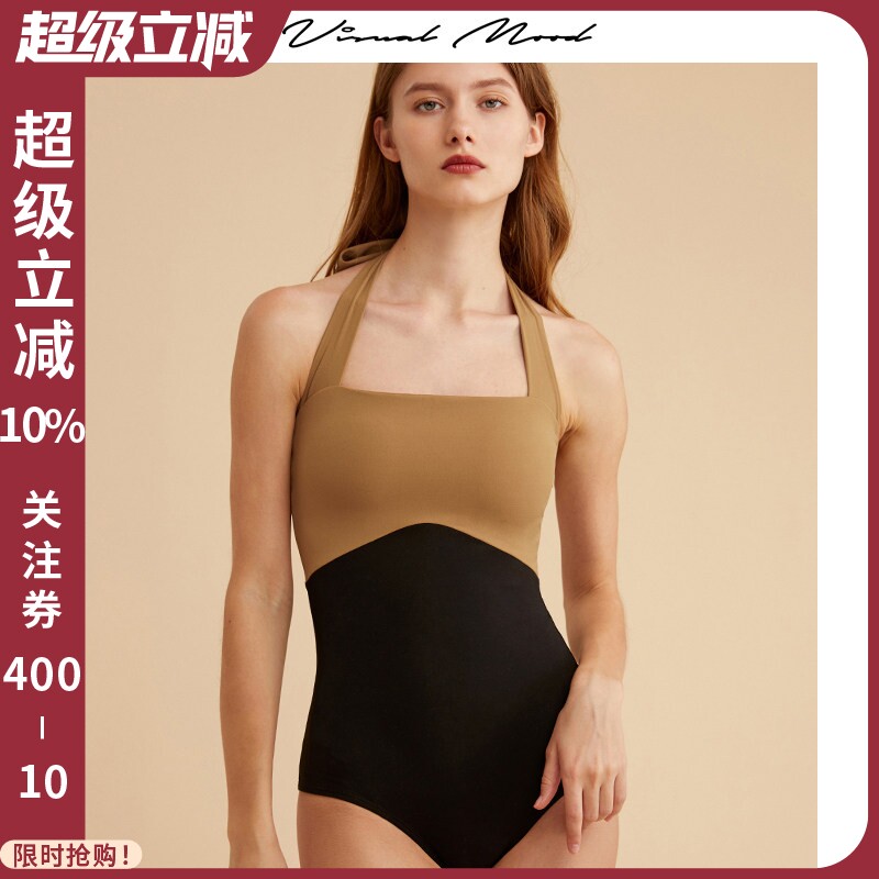 visual mood度假泳衣复古黄黑撞色法式挂脖系带遮肚显瘦连体泳装