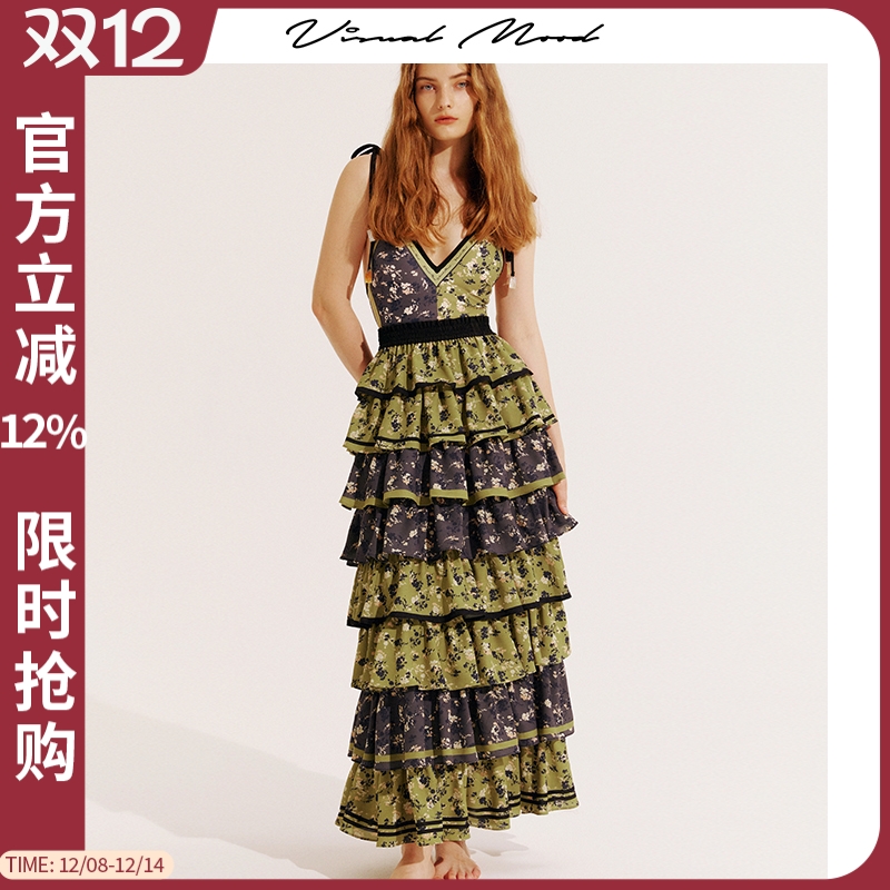 VisualMood复古碎花度假蛋糕裙