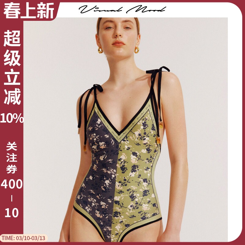 visual mood连体泳衣女复古双面热带印花系带性感显瘦度假游泳装
