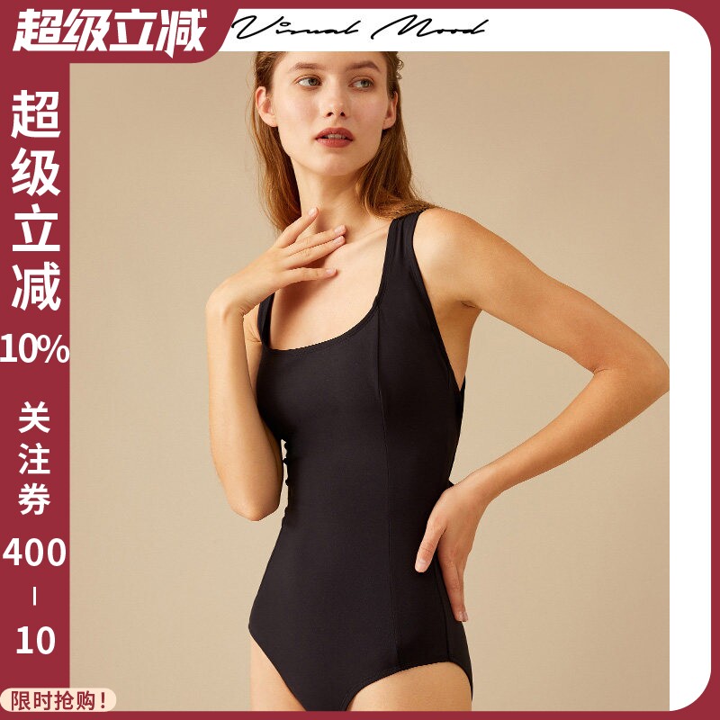 VISUAL MOOD复古泳衣女遮肚显瘦法式方领系带黑海边度假连体泳衣