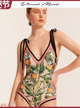 visual mood法式双面印花连体泳衣优雅粉复古显瘦海滩度假游泳衣
