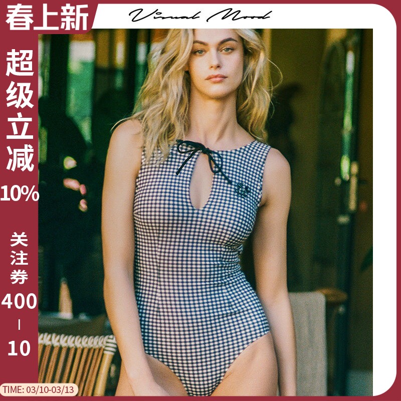 visual mood连体泳衣女2025新款复古刺绣系带显瘦温泉度假游泳装