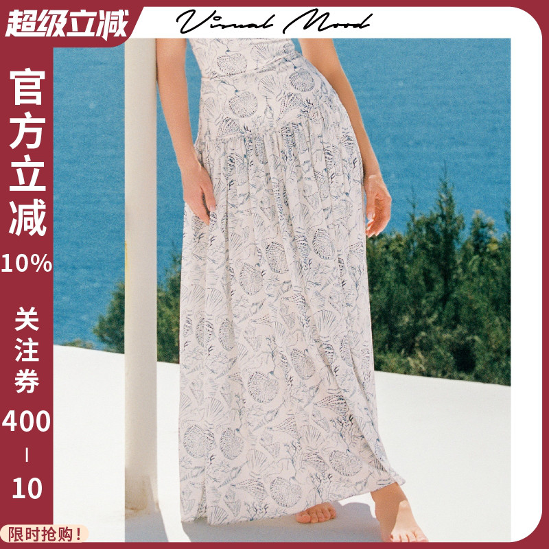 visual mood蓝贝壳长裙雪纺印花裙度假小众高级感海边沙滩裙2025
