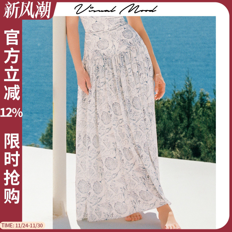 visual mood蓝贝壳长裙雪纺印花裙度假小众高级感海边沙滩裙2025