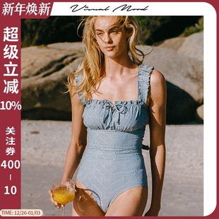 visual 显瘦温泉度假连体泳衣 mood泳衣女复古蓝镂空刺绣系带新款