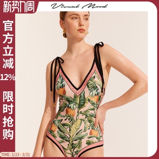 visual 双面印花连体泳衣优雅粉复古显瘦海滩度假游泳衣 mood法式