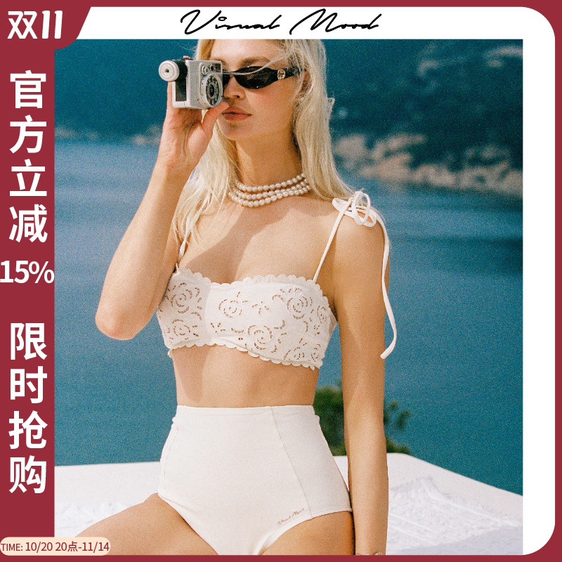 visual mood白刺绣分体泳衣女2025夏比基尼套装复古海边度假游泳
