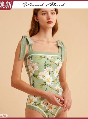 visual mood复古双面泳衣女法式绿印花遮肚显瘦时尚连体度假泳装