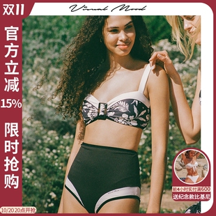 显瘦分体泳衣女套装 高腰新款 mood比基尼复古黑白印花法式 visual