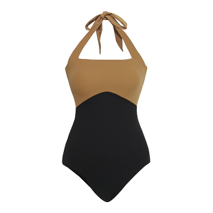 visual mood度假泳衣复古黄黑撞色法式挂脖系带遮肚显瘦连体泳装