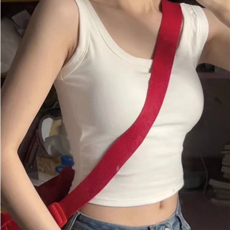 速发背心外穿夏带胸垫无袖坎肩纯棉白上内搭吊短露脐带款色衣设计