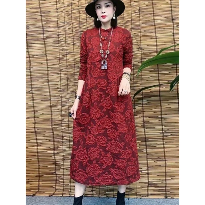 速发春新款长袖百搭宽松版高弹力女装提花棉妈妈长款连衣裙气质款