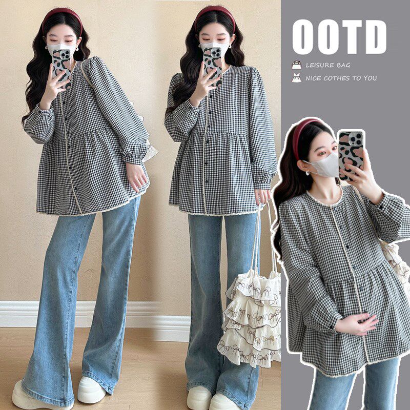 速发孕妇装春宽上衣新款格子圆领春秋薄款装小怀孕期松个子娃娃衫