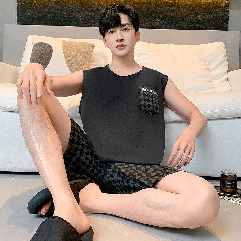 速发睡衣男款夏季莫代尔薄款无袖背心坎肩宽松大码青年家居服套装