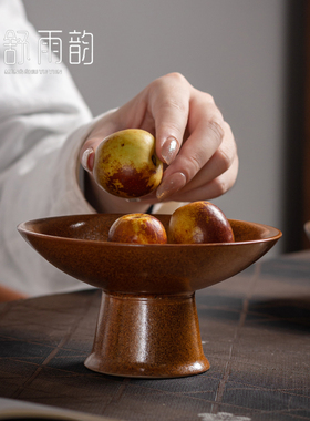 速发粗变高足茶点盘水果瓷新中式点心碟禅意高脚托盘陶盘窑陶大号