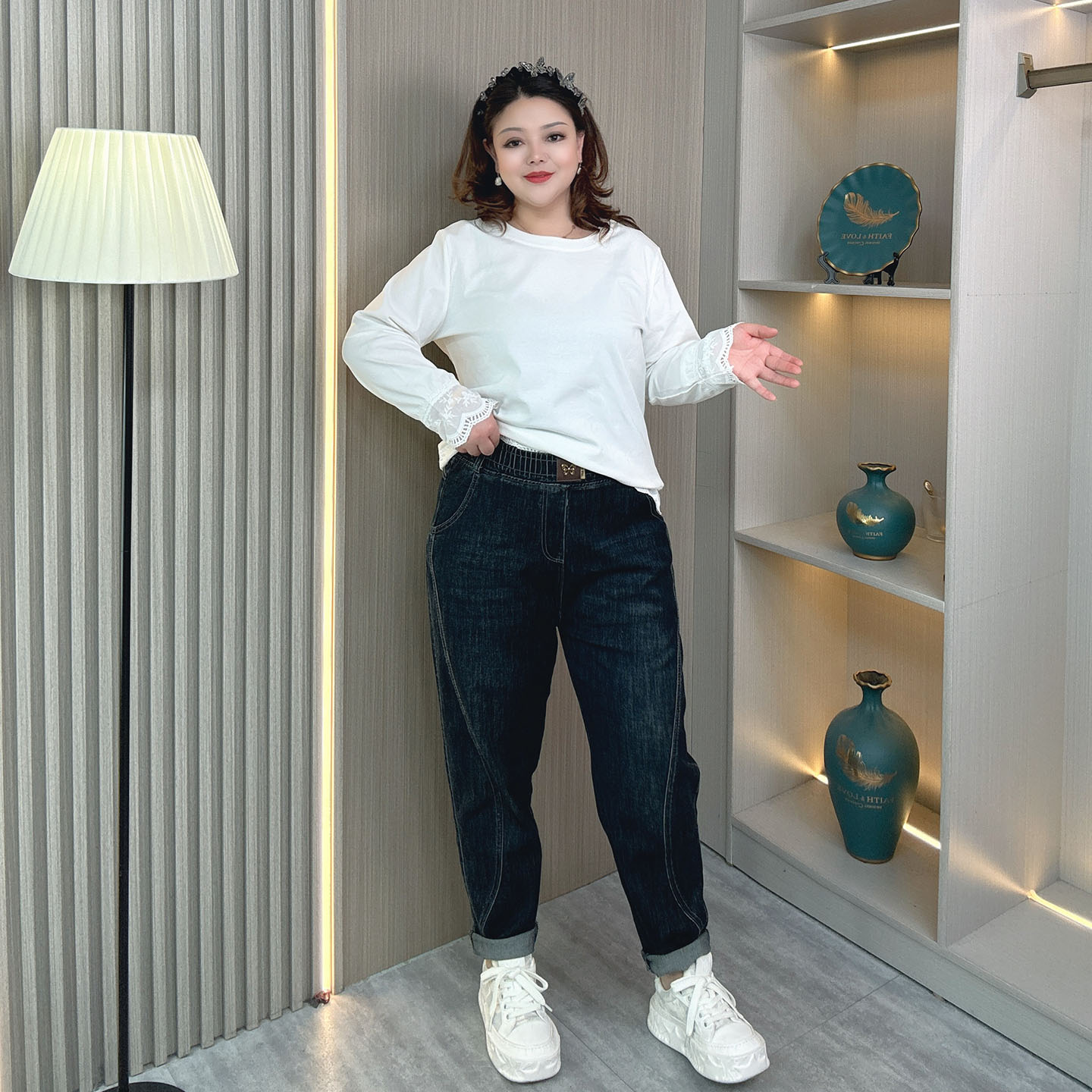 速发大码女装胖mm春秋新款哈伦牛仔裤子松紧腰弹力宽松遮胯裤