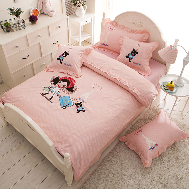 速发全棉童儿四件套小孩床笠式粉色被罩1.公m5主床