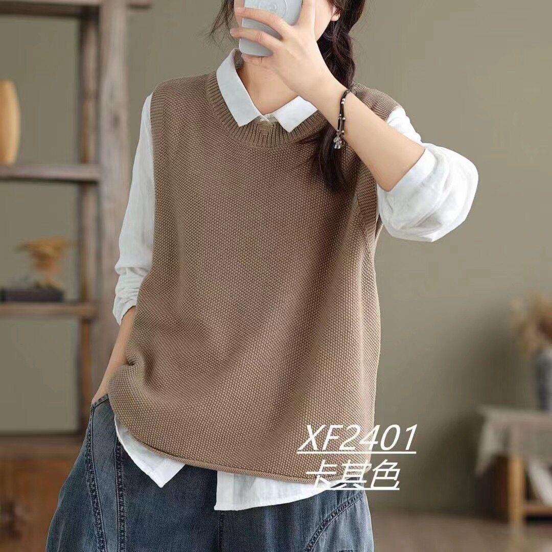 速发新款圆领无袖棉线马甲女宽松针织衫上衣休闲短款背心马夹