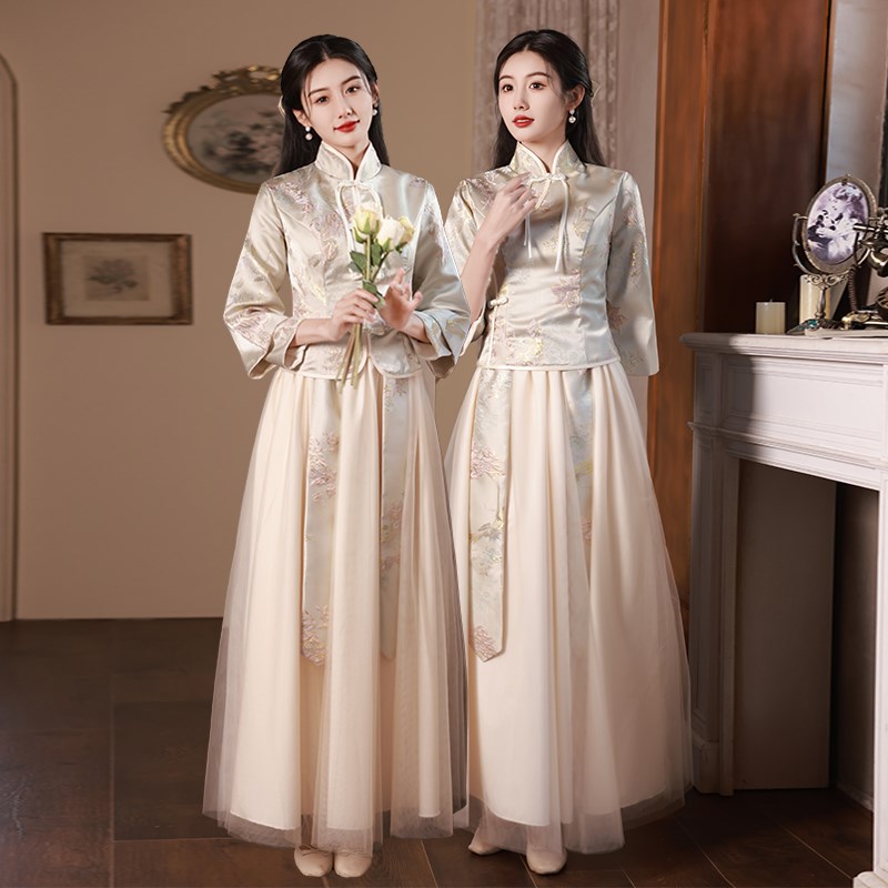 速发新中式伴娘服2025新款婚礼中国风长袖高级感姐妹团礼服裙春季