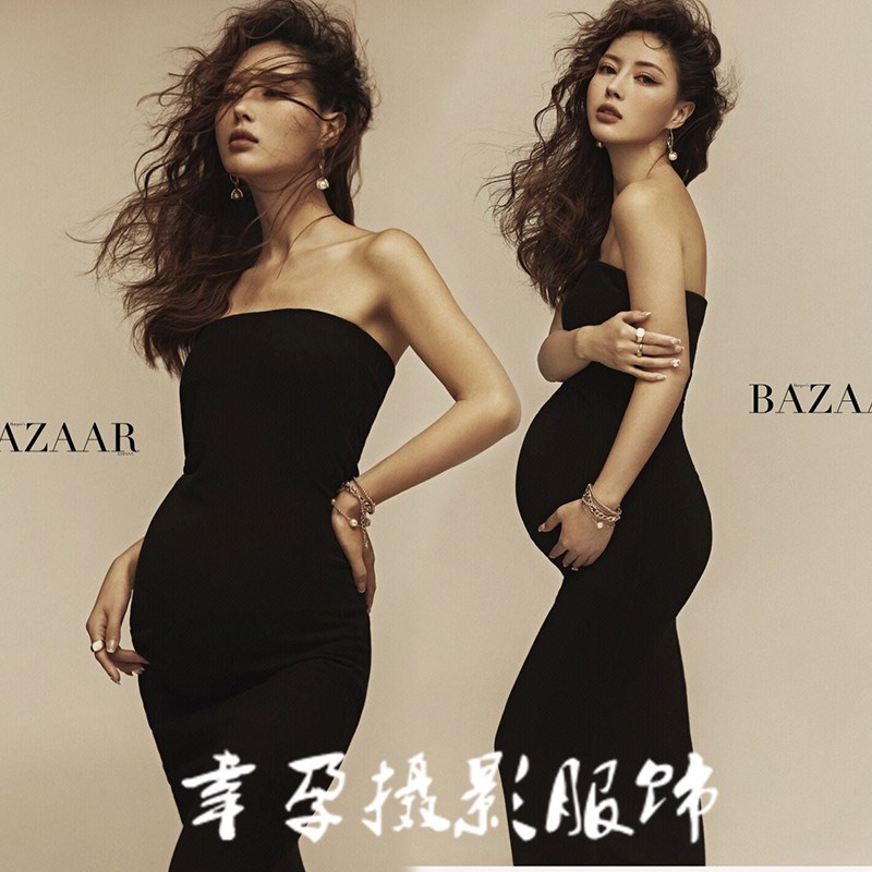 速发新款拍楼孕妇影照服装时尚性感黑色连衣裙大肚孕咪妈摄影衣服