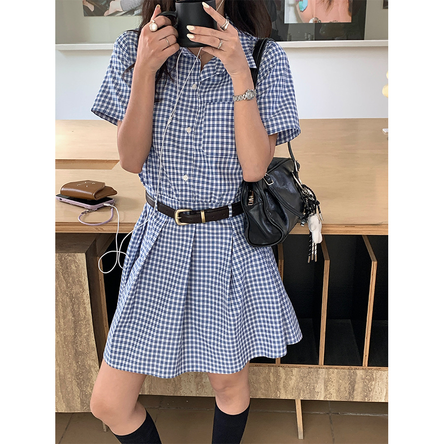 韩版夏季新款学院风蓝白格衬衫连衣裙收腰显瘦百褶短裙