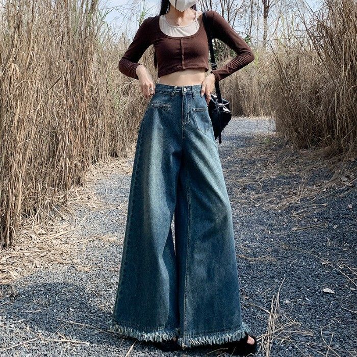 牛仔裤女流苏边新款新中式直筒阔腿裤高腰显瘦深色毛边宽松垂感