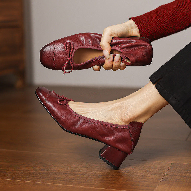 头层牛皮超软单鞋方头粗跟舒适不磨脚经典百搭浅口一脚蹬,女鞋,浅口单鞋,淘宝优惠券,粉丝福利购,淘宝优惠卷