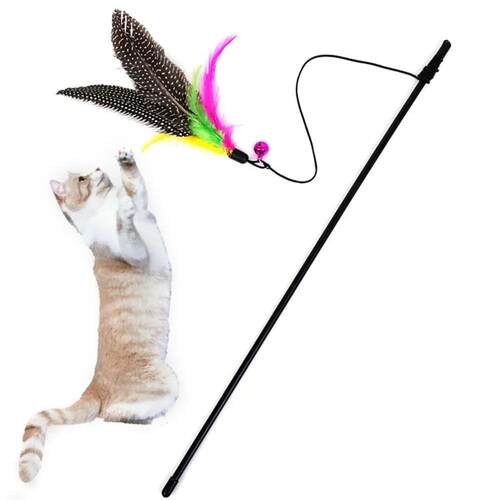 Funny Kitten Cat Teaser Interactive Toy Rod with Bell and Fe