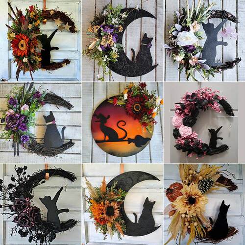 Halloween Moon Cat wreath door hanging decorations猫咪花环