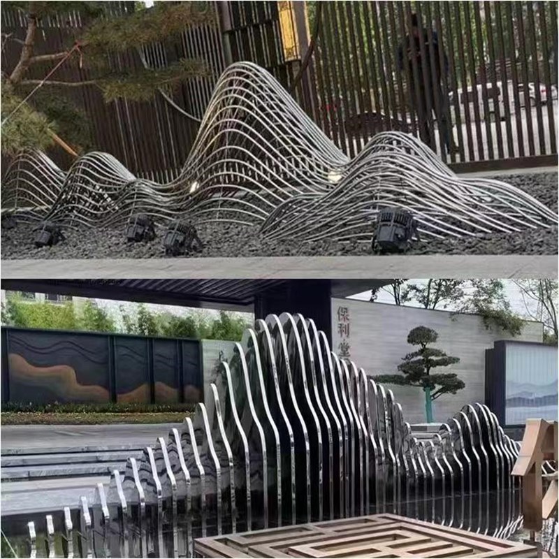 不锈钢假山雕塑户外酒店大厅水景镂空金属山形摆件艺术品山体造型图片