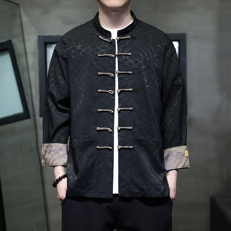 中国风春夏水波纹暗纹提花唐装男衬衫中式盘扣绸缎高品质长袖茶服,男装,秀禾服,淘宝优惠券,粉丝福利购,淘宝优惠卷