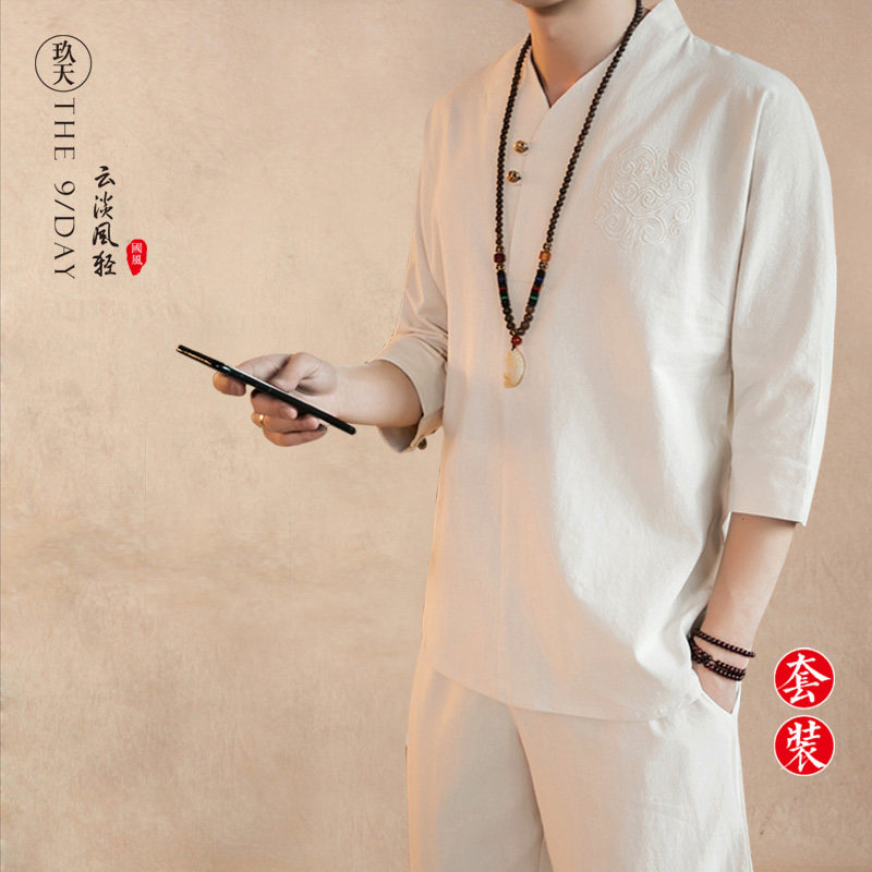 夏季中国风男装棉麻套装亚麻唐装汉服两件套五分袖茶服九分裤佛系,男装,其他套装,淘宝优惠券,粉丝福利购,淘宝优惠卷