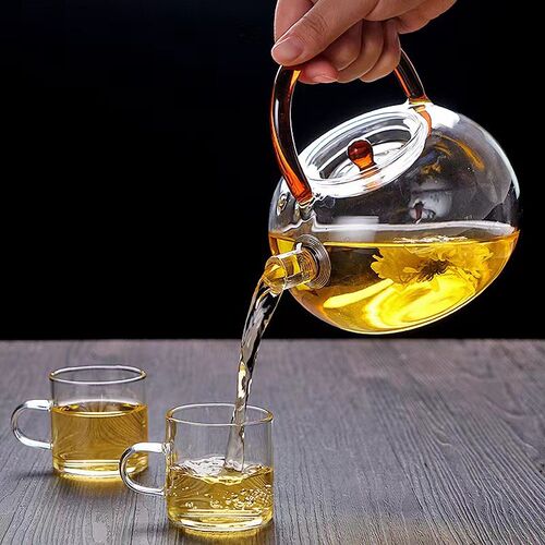 工厂直销彩色把手玻璃花茶壶可明火加热沸水壶玻璃提梁壶