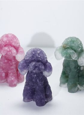 天然水晶碎石工艺品摆件泰迪狗贵宾犬树脂桌面家居装饰水晶摆件