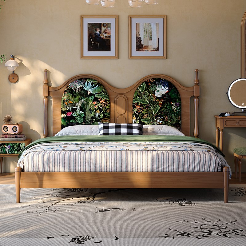 法式实木床1米8双人床中古风白蜡木布艺印花软包法式复古主卧床