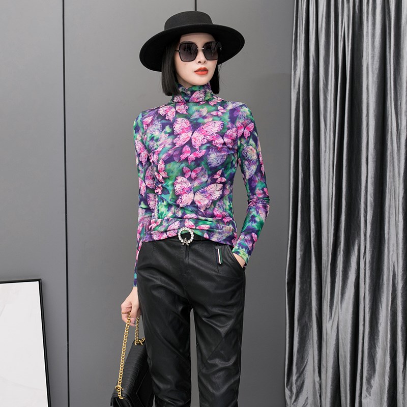 高领打底衫女2024年新款秋季洋气小衫漂亮网纱长袖t恤紫色上衣