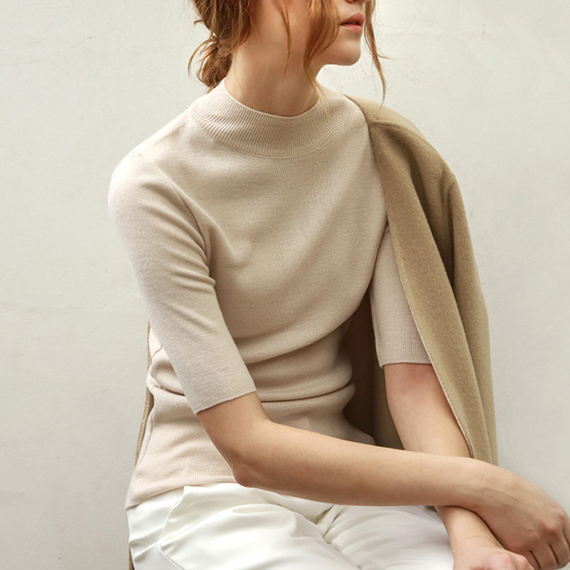 半高领五分袖春秋新款针织衫女薄款内搭中袖修身紧身打底中领毛衣