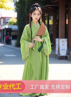 战国袍女童汉服绿色春秋古装直裾袍小拖尾国风交领古风长儒演出服