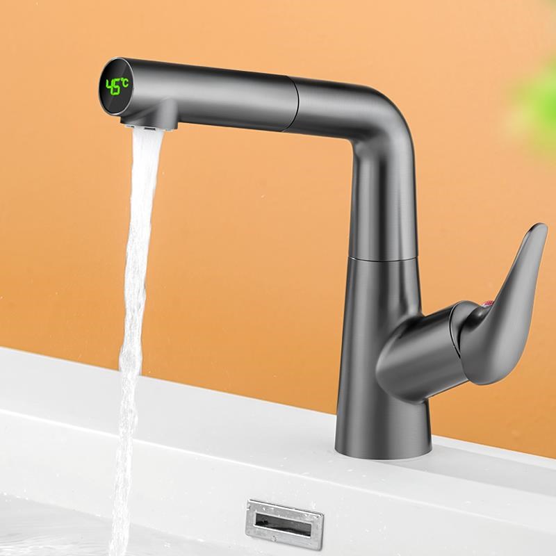 卫生间可旋转抽拉水龙头枪灰色智能数显洗脸池台上盆冷热面盆龙头