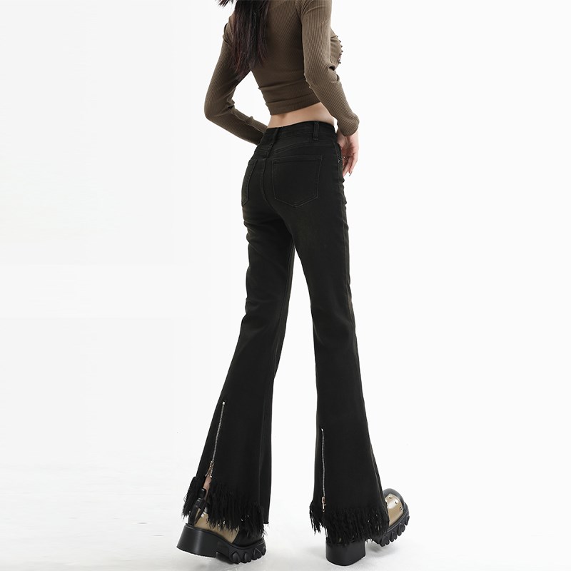 胖mm大码美式微喇牛仔裤女设计感弹力显瘦黑色裤子流苏拉链喇叭裤