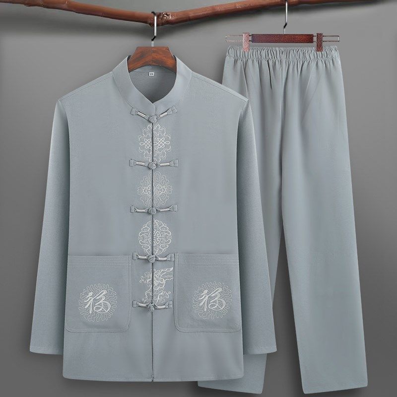 中老年唐装男爸爸春夏装老人衣服爷爷中国风薄款长袖衬衫冰丝套装,男装,唐装,淘宝优惠券,粉丝福利购,淘宝优惠卷