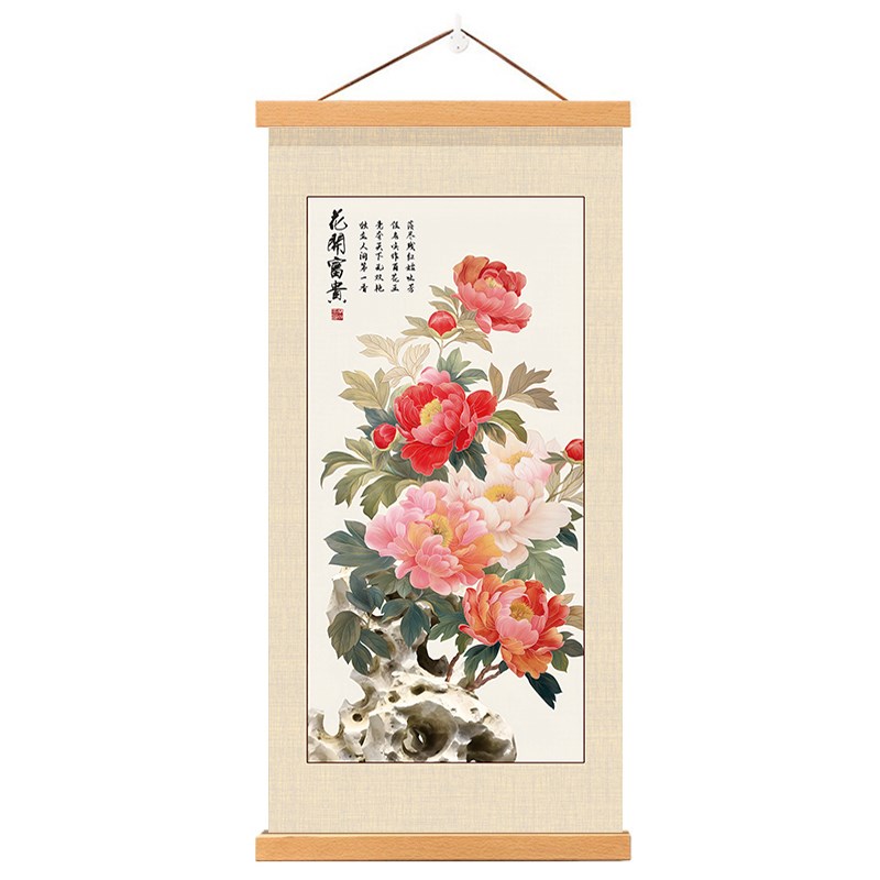 牡丹花开富贵客h厅挂画书房玄关装饰画新中式布艺实木挂轴墙画壁图片