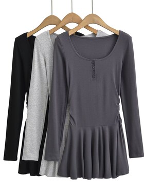 速发U领长袖连衣裙装纯欲纽扣皱褶裙腰短收S205