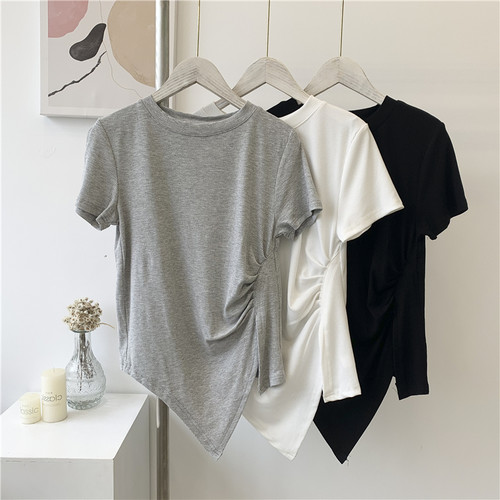 速发莫设尔质感软柔上衣代计感欧货开叉不规则短款舞蹈T恤