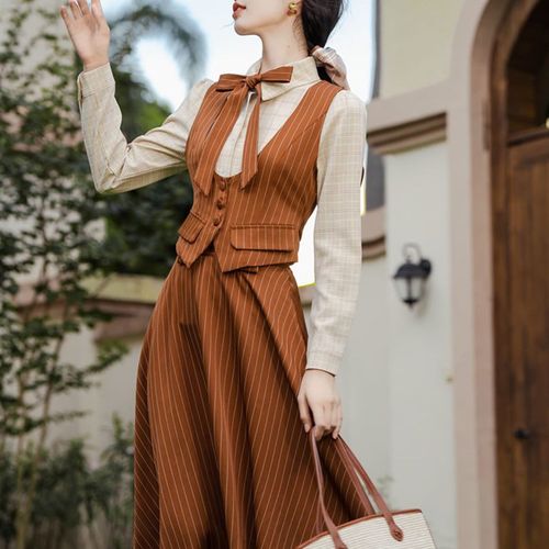 速发复古小洋装民国风装千小大套姐风套装马甲裙子两件金秋冬季