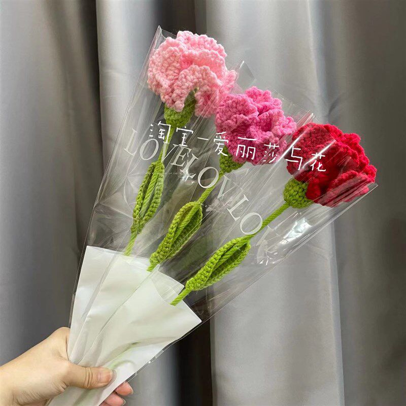 速发成品手工康乃馨花朵毛线花束钩针绒绒花编织花送妈妈节日礼物
