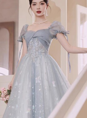 速发浅蓝色高端晚礼服级宴会法式小奢轻众气质高裙感公主艺考主持