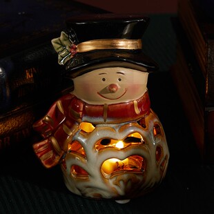 速发 陶老圣诞鹿台摆件圣诞装饰品瓷人雪人带灯陶瓷杯摆件
