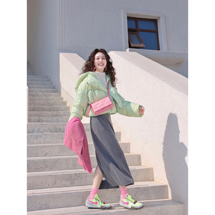 速发冬季新款超套羽小众高级感炸街薄荷绿短款连帽看绒外套外好小